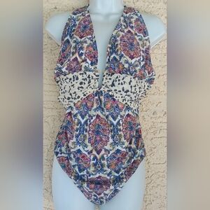 NICOLE MILLER Boho One-piece Swimsuit 2X Mixed Print Sexy Animal Cream Purple